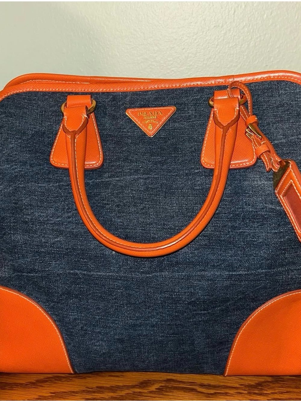 Prada Dark Denim Satchel with Bright Orange Leather Trim